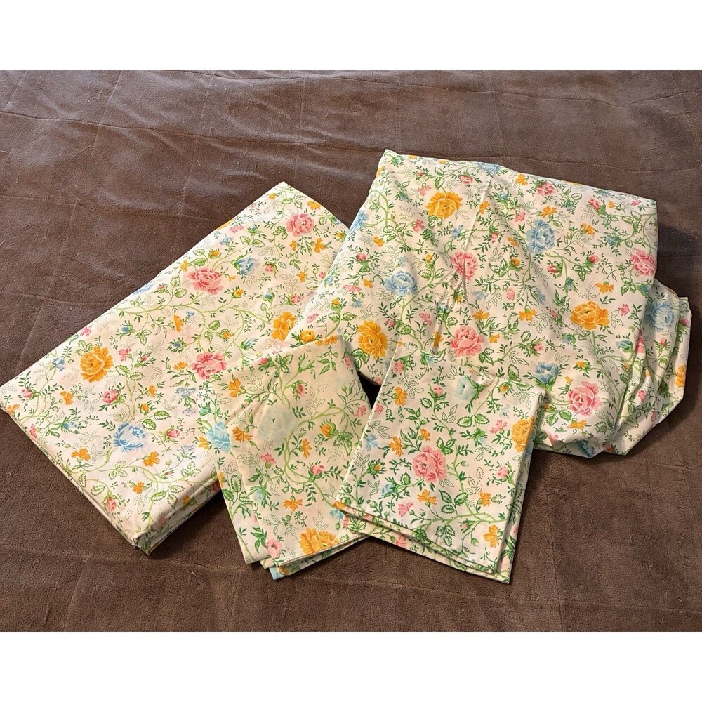 Vintage Lady Pepperell Full Size 4pc Complete Sheet Set 1970s Floral - READ DESC